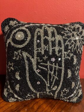 Beaded Black and Silver Palm Motif Decorative Throw Pillow